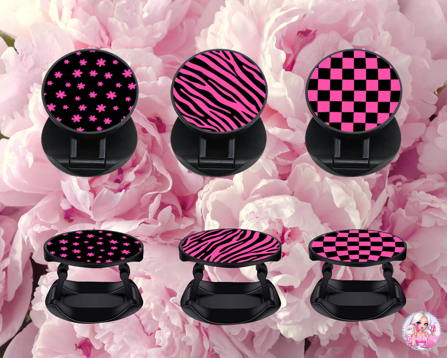 Pink and Black Floral Zebra Checkered Phone Grips