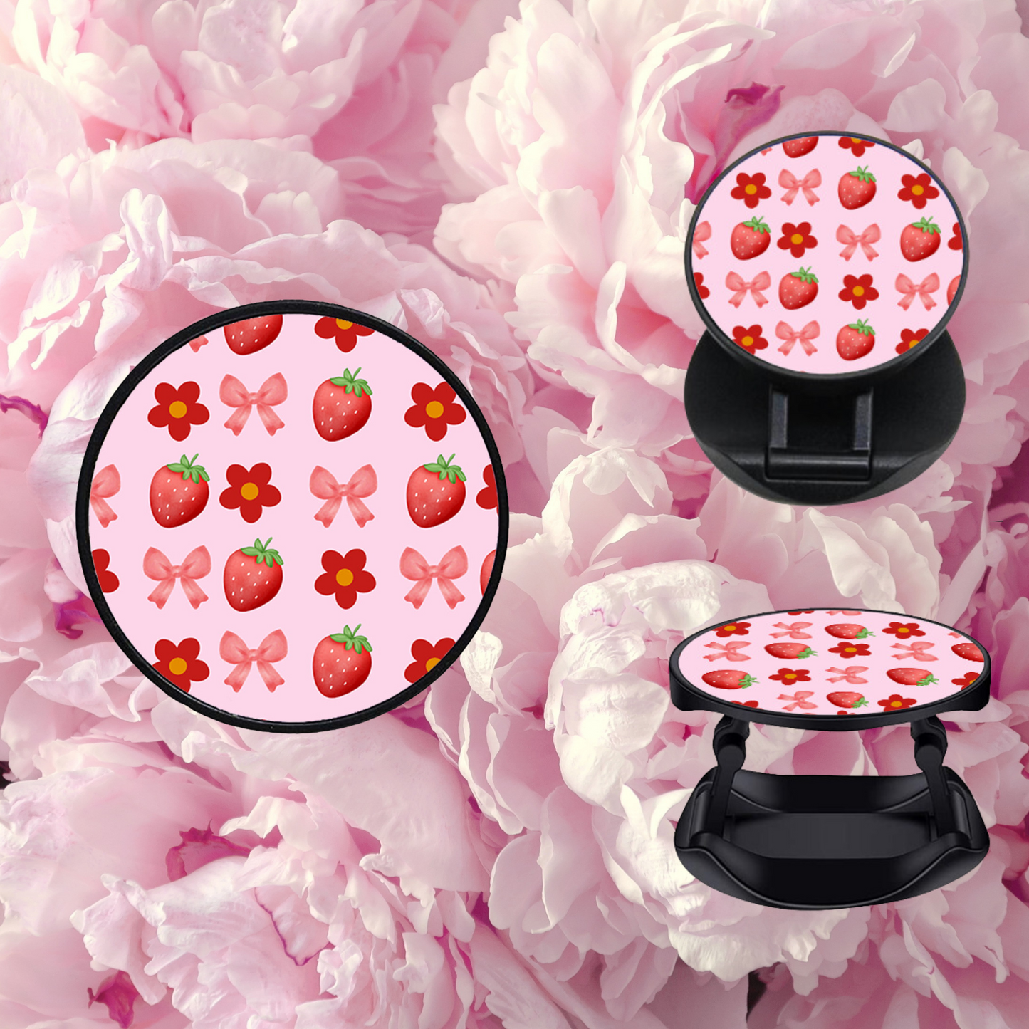 Pink Cherry Strawberry Bow Phone Grips