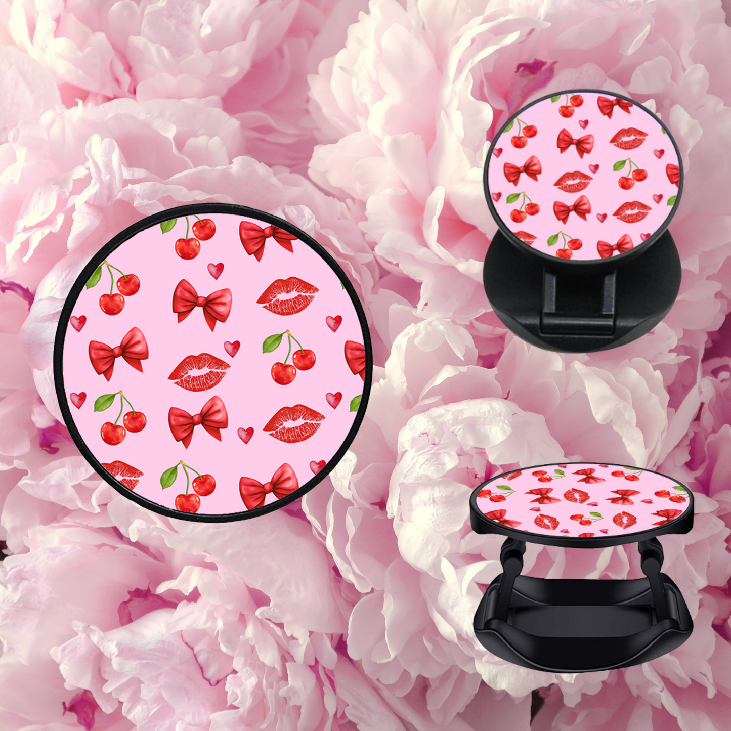 Pink Cherry Strawberry Bow Phone Grips